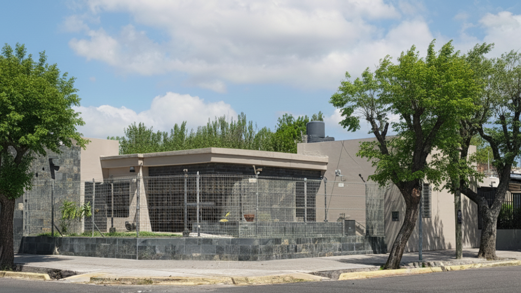 Fachada de la residencia para mayores Casa Trapiche, con entrada principal accesible y jardín delantero.
